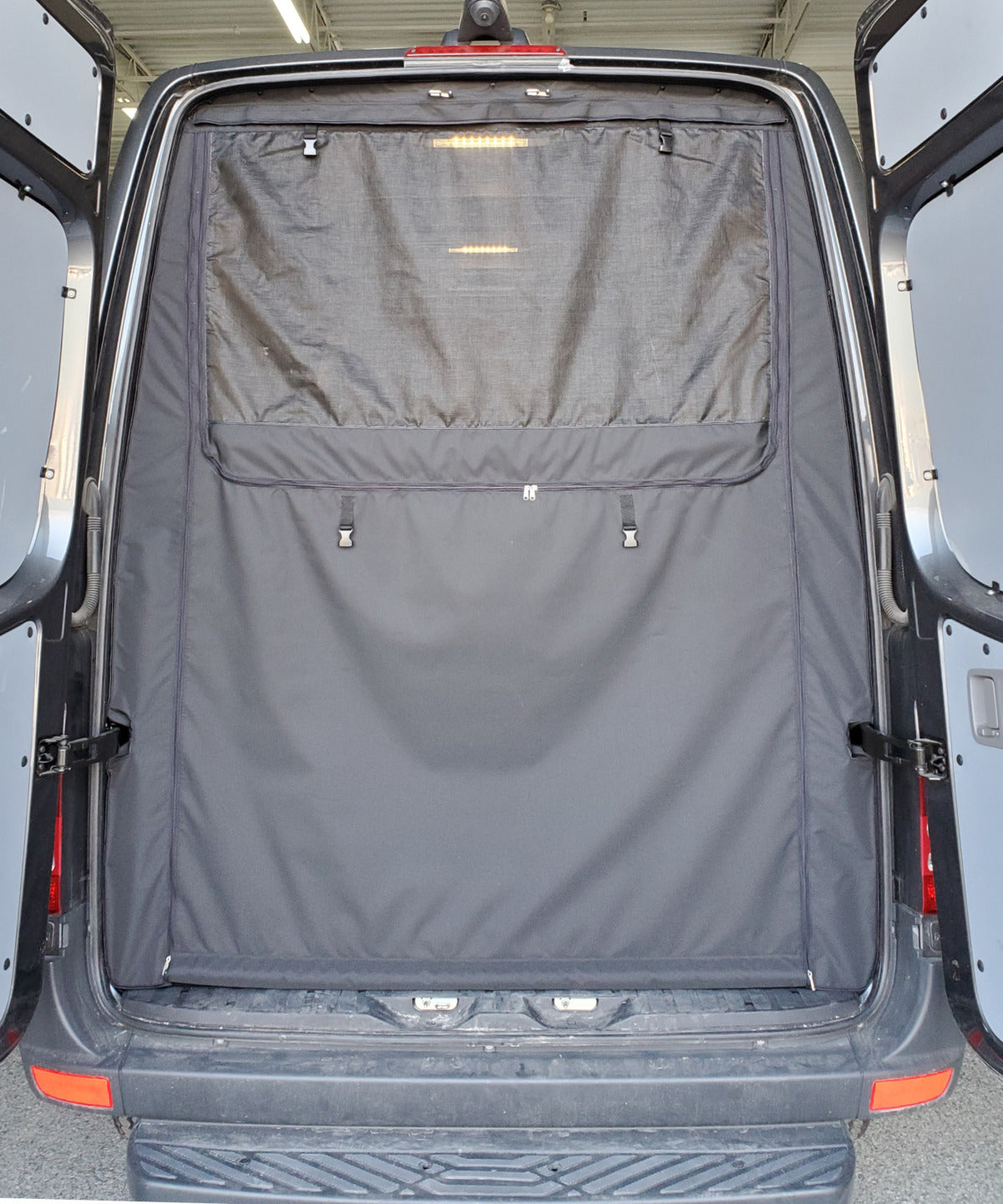 Rear mosquito screen door with curtain