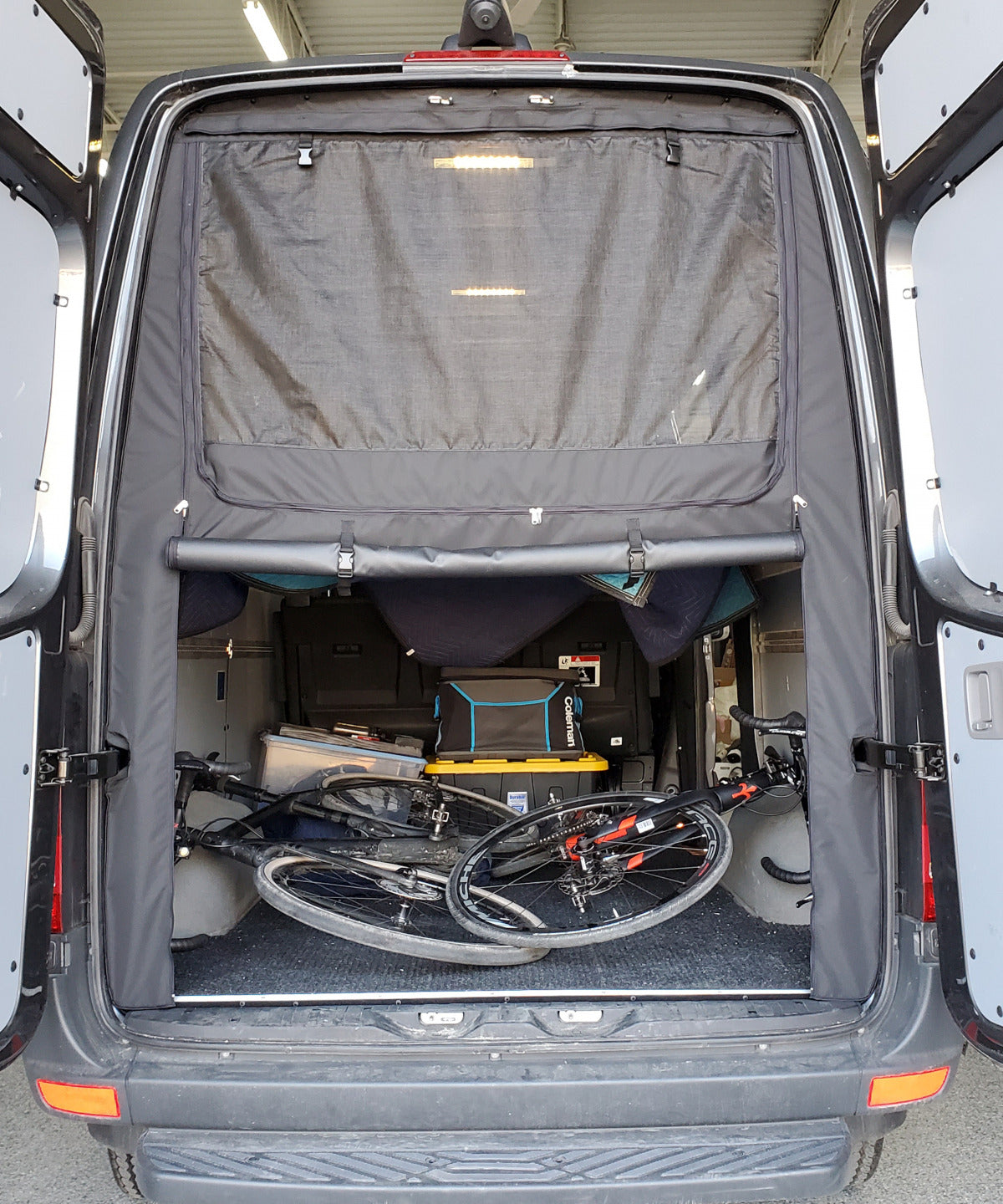 Rear mosquito screen door with curtain